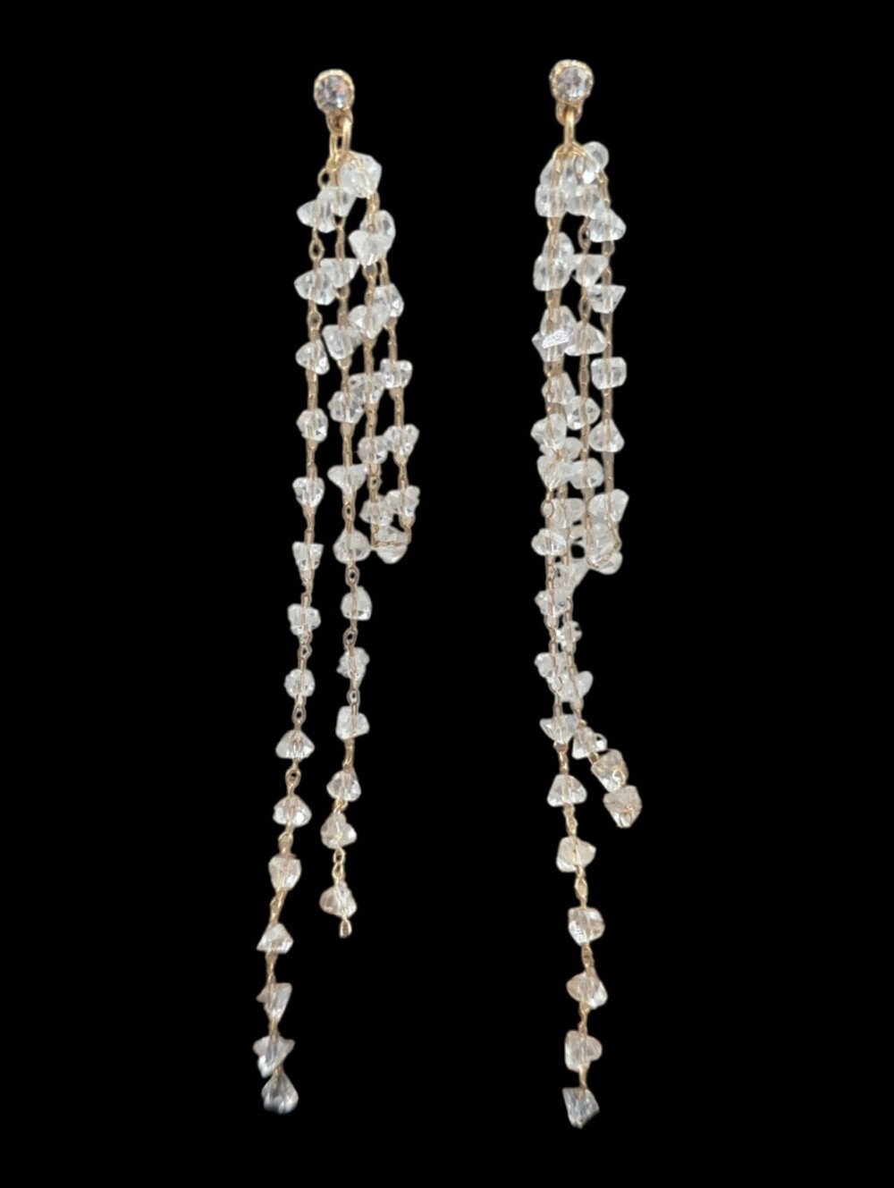 Long Crystal Glass Bead Waterfall Dangle Earrings Gold Tone Sparkly 4"